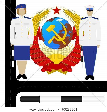 Uniform traffic police in the USSR on the background of the coat of arms of the USSR. The illustration on a white background.