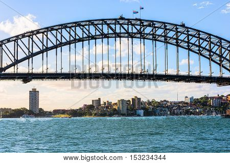 Sydney Harbour  Bridge Sydney Australia.  The Sydney Harbour Bridge is a steel through arch bridge across Sydney Harbour that carries rail, vehicular, bicycle, and pedestrian traffic between the Sydney central business district (CBD) and the North Shore.