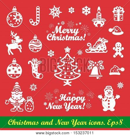 Christmas icons and New Year icons set. White on red Vector Eps 8.
