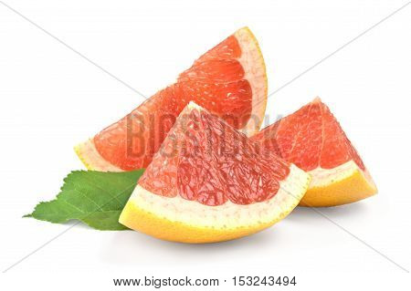 Three slices of grapefruit on white background, isolated fruit.