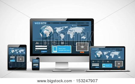 Vector multiple devices with website on white background