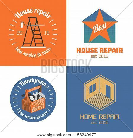 Set of home repair house remodel vector icon symbol sign logo emblem. Template graphic design elements for construction company builders home and house maintenance with building tools strairs