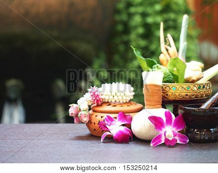 Natural Spa Ingredients herbal compress ball and herbal Ingredients for alternative medicine and relaxation Thai Spa theme with silk fabric , soft and select focus