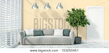 Beautiful modern interior with sofa. 3D rendering