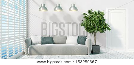 Beautiful modern interior with sofa. 3D rendering