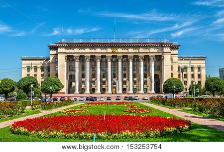 The building of the Kazakh-British technical University in Almaty, Kazakhstan. Former government house.