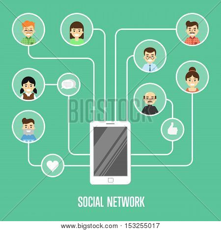 Community of social network people vector illustration. Social media people. Social networking concept. Social media and social network people connecting. Social network map. Social media network infographics with people and their social network.