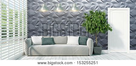 Beautiful modern interior with sofa. 3D rendering