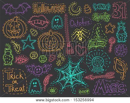 Halloween patch badges set. Holiday doodles vector. Halloween stickers. Sketch pins with pumpkins holiday candies witch tools and halloween symbols. Social media hashtag and emoticons.