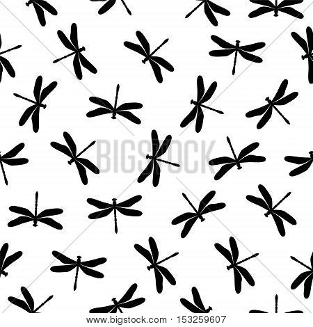 Seamless Pattern - Flat Black On White Dragonfly