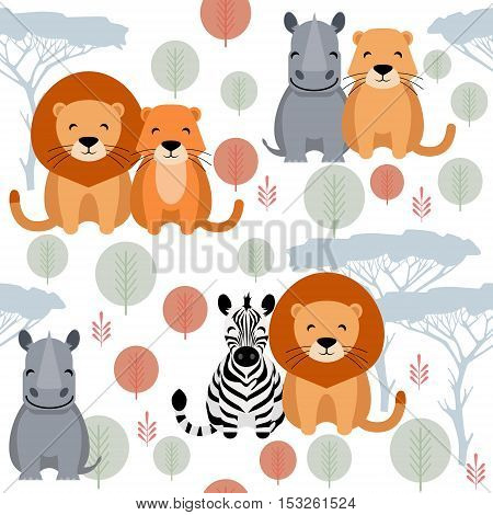 Cute vector animal seamless pattern with lion, rhino, zebra on white background
