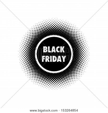 Black Friday Sales banner. Halftone effect vector illustration. Black dots on white background. Design template with text Black Friday.