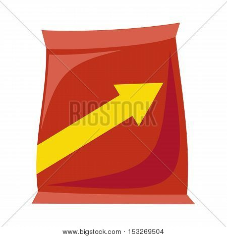 Plastic red bag snack with arrow in flat. Potato chips plastic packaging. Bag snack icon. Snack icon. Retail store element. Simple drawing. Isolated vector illustration on white background.