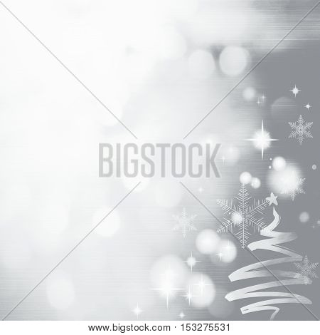 Grey Festive Christmas background with Christmas tree. Elegant abstract background with bokeh defocused lights and stars
