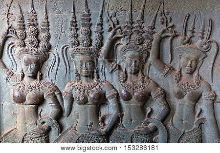 Ancient Bas-relief In Angkor Wat Temple, Cambodia