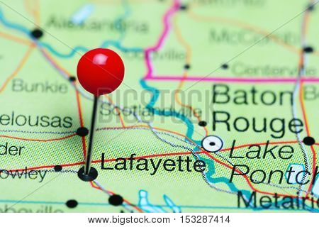 Lafayette pinned on a map of Louisiana, USA