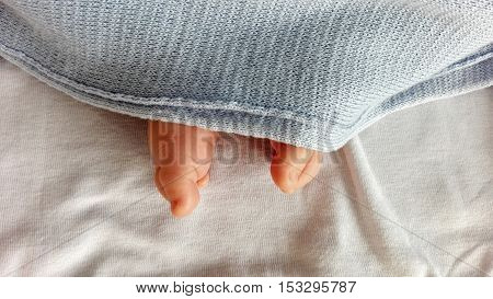 Baby feet under a cosy warm blanket showing toes