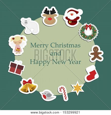 Christmas round frame with Christmas stickers around. Pattern to decorate greetings cards or decorative album or scrapbook. Baby vector illustration