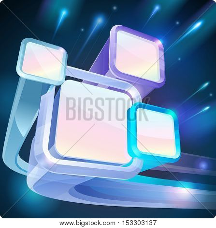 3d abstract flying fluorescent screens monitors on black night sky. Eps10.