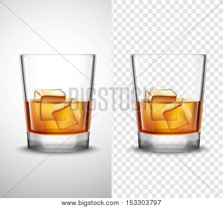Scotch whisky glasses set with alcohol and ice cubes 2 realistic  banners with transparent background isolated vector illustration