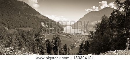 Lungern village in Switzerland - Sepia toned image