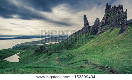 Dramatic Clouds Over Old Man Of Storr In Scotland