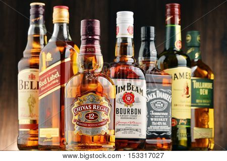 POZNAN POLAND - OCT 12 2016: Whiskey is the most popular liquor in the world. Originated probably in Ireland now it is produced also in India Scotland USA Canada and Japan with over 230 millions of 9 liter cases sold in 2014