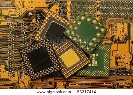 Stack of CPU processor and Circuit board / Motherboard. Electronic computer hardware technology. Motherboard digital chip. Tech science. Information engineering component.