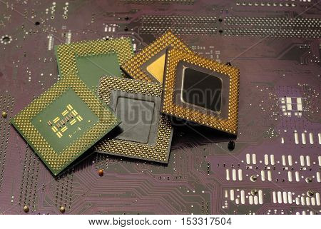 Stack of CPU processor and Circuit board / Motherboard. Electronic computer hardware technology. Motherboard digital chip. Tech science. Information engineering component.