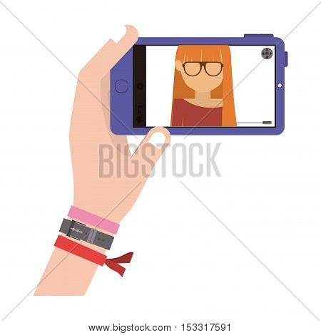 human hand with colorful bracelets taking a photo selfie with smartphone device over white background. vector illustration