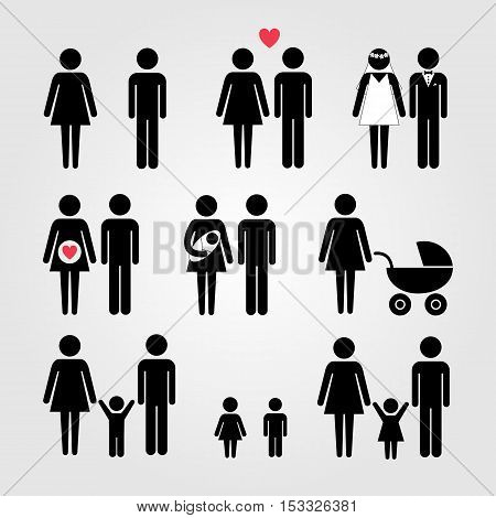 Set of family icons, marriage, pragnancy, parenthood, love