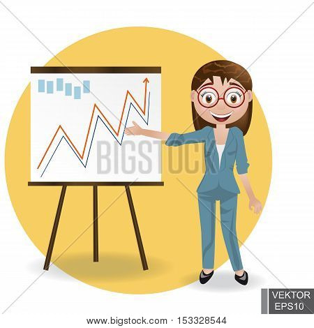 Business WOMAN next chart board. Indicates. Explains. Conducts Successful girl lecture. For your design.