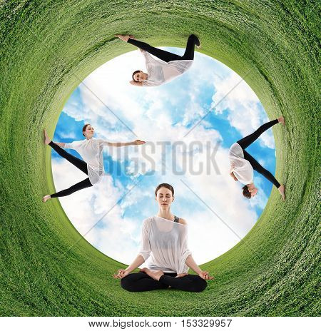 Stereographic panoramic projection of a green field with woman doing yoga