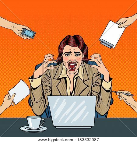 Pop Art Frustrated Stressed Business Woman Screaming at Multi Tasking Office Work. Vector illustration