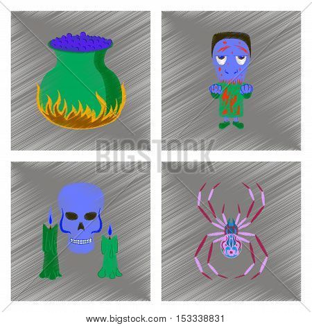 assembly flat shading style icon of potion cauldron zombie men spider