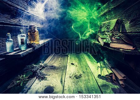 Old Witcher Cottage Full Of Scrolls, Books, Magic Potions With Copy Space For Halloween