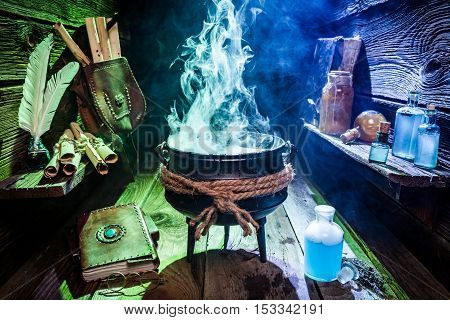Vintage Witch Pot With Magic Mixture, Blue Potions And Books For Halloween