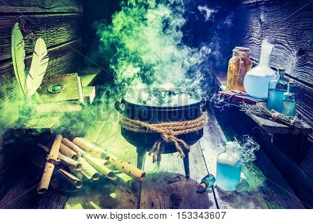 Magical Witcher Cauldron With Books, Scrolls And Potions For Halloween