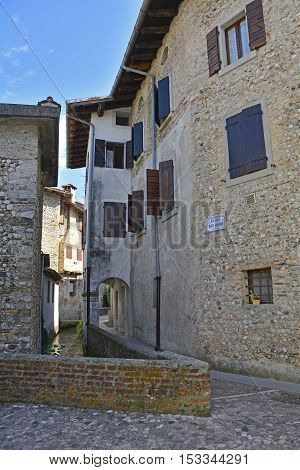 Historic old buildings in the small Italian town of Valvasone in Friuli Venezia Giulia.