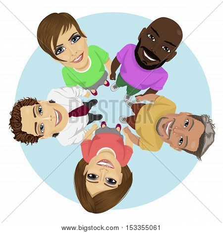 Group of multiracial young people in a circle looking up holding their hands together over white background