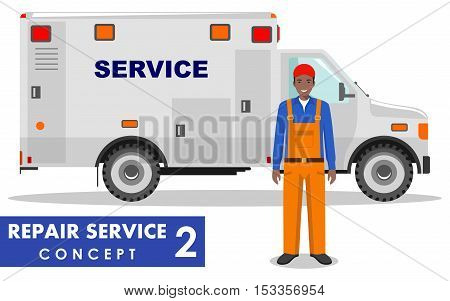 Detailed illustration of service car and master repairer on white background in flat style.