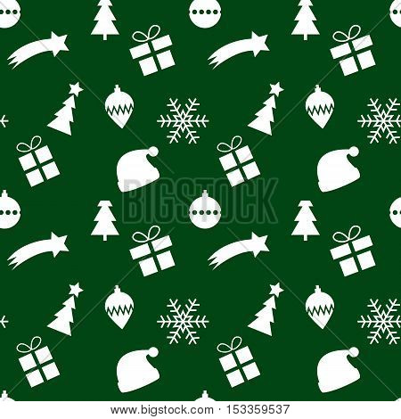 Seamless green and white christmas pattern with xmas symbol silhouettes of christmas tree santa's hat gift - present snowflake - ice flake x-mas glass ornament and coment
