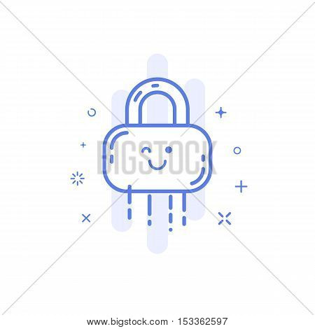 Vector illustration of icon shopping concept web protect in line style. Linear blue lock with cute smile. Design for internet, banner, web page and mobile app. Outline object e-commerce.