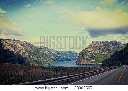 Norway landscape toned Instagram style grunge .