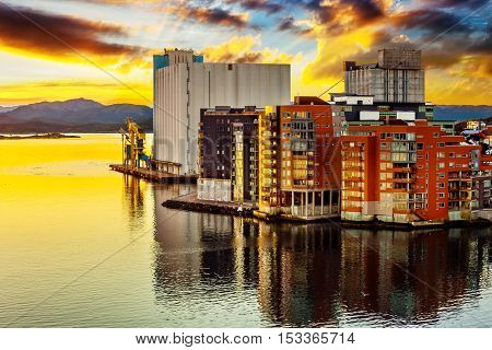 Stavanger panorama at sunrise view from bridge Norway.