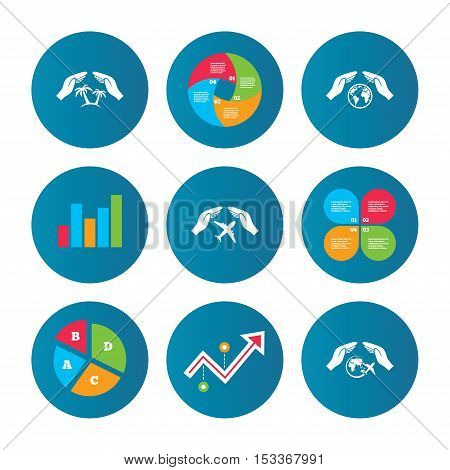 Business pie chart. Growth curve. Presentation buttons. Hands insurance icons. Palm trees symbol. Travel trip flight insurance symbol. World globe sign. Data analysis. Vector
