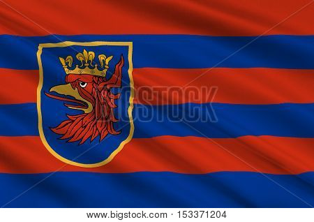 Flag of Szczecin is the capital city of the West Pomeranian Voivodeship in Poland. 3d illustration