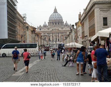 ROME ITALY - JUNE 12 2015: View of Basilica of Saint Peter and Street Via della Conciliazione Rome Italy