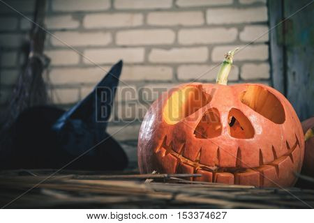 Halloween pumpkins at wood background. Pumpkin. Holiday at October 31, 2016