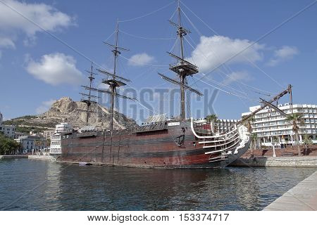 ALICANTE SPAIN - AUGUST 31: replica of spanish warship santisima trinidad anchored in alicante harbor actually used as restaurant. Picture taken on August 31 2016 in alicante spain.